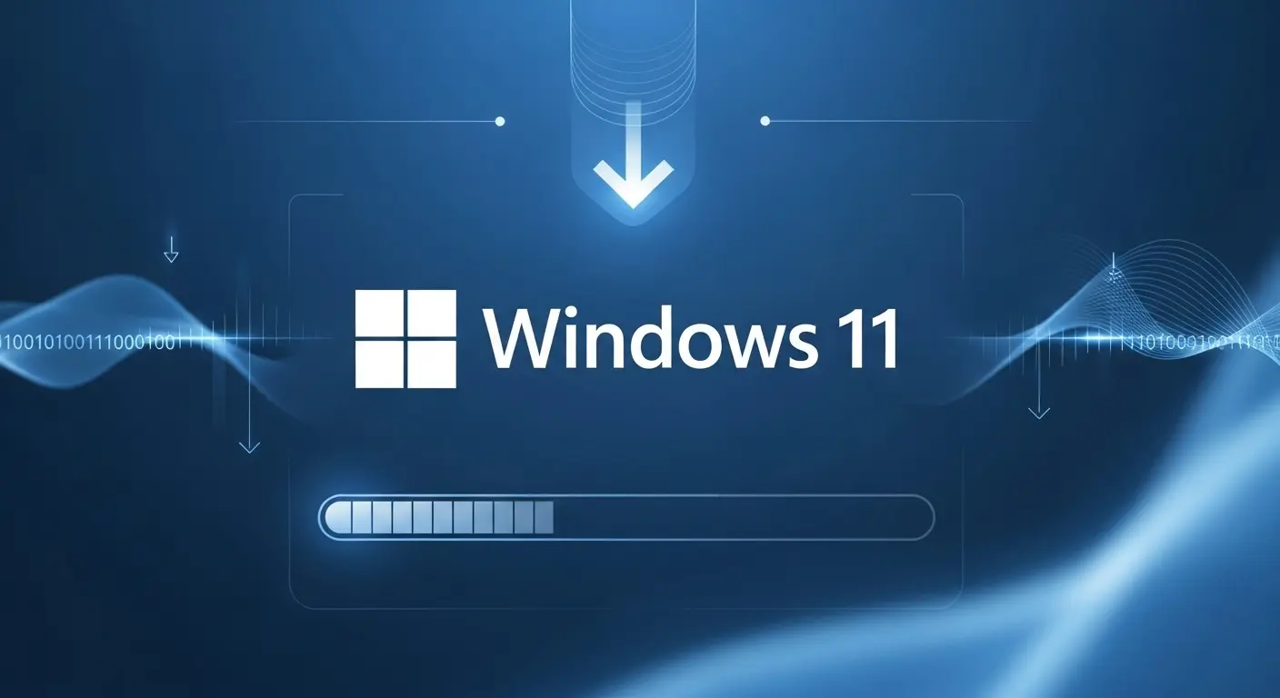 Windows 11のダウンロードとインストールの流れを示す抽象的なデジタルグラフィック。