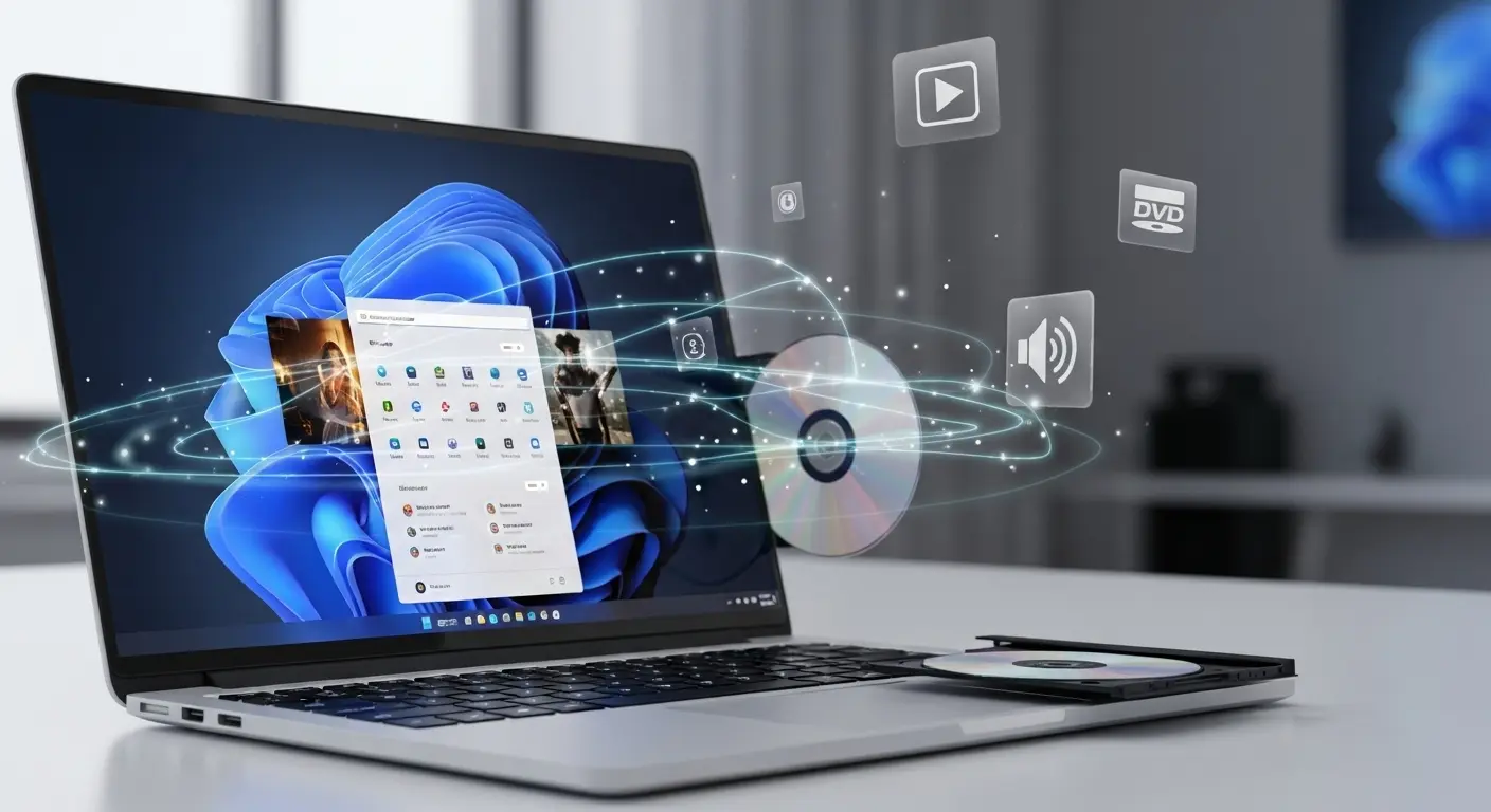 Windows 11搭載PCでDVDを再生する様子とメディアプレーヤーのイメージ。