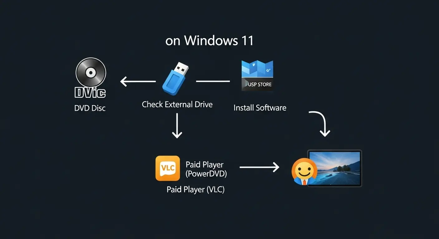 Windows 11でDVD再生機能が標準で利用できないことを示すイメージ。