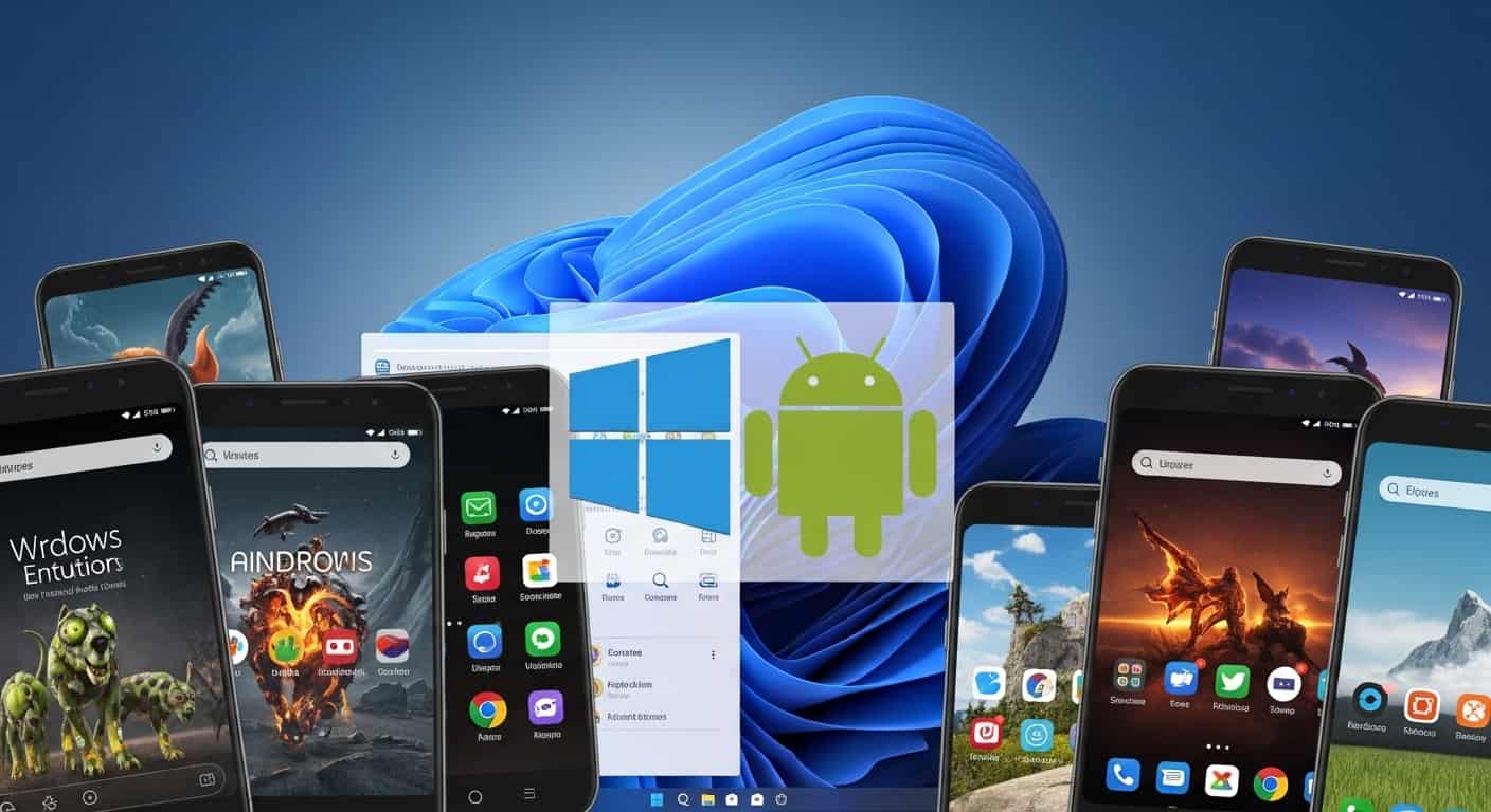 Windows 11のデスクトップ上で複数のAndroidアプリが動作するエミュレータの画面。