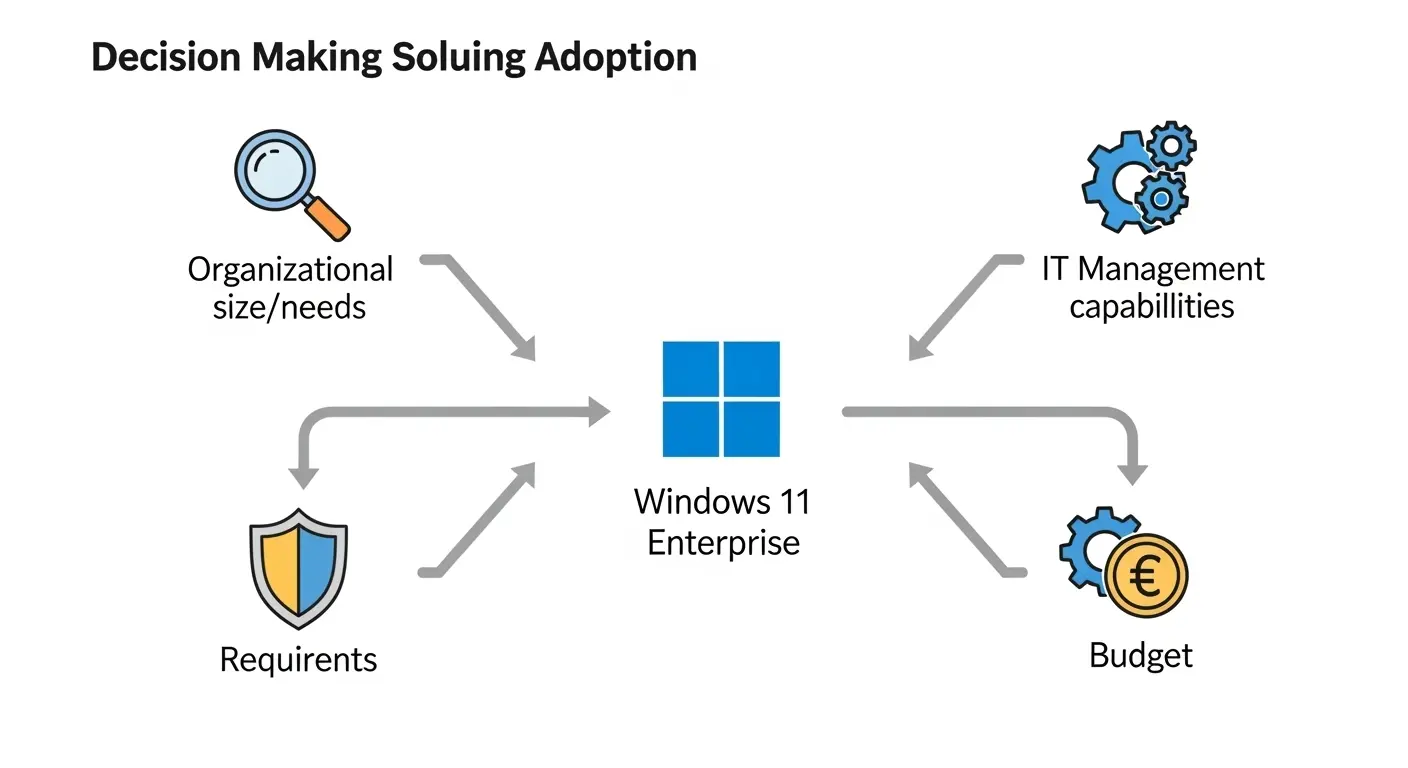 Windows 11 Enterpriseの導入を検討する際の重要なポイントを示すチャート。