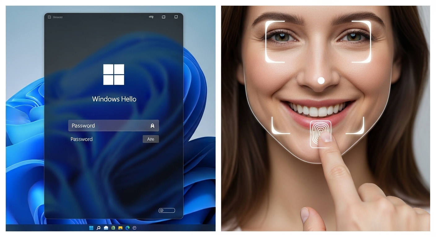 Windows 11 Helloの顔認証と指紋認証による安全で簡単なサインイン方法を示すイメージ。