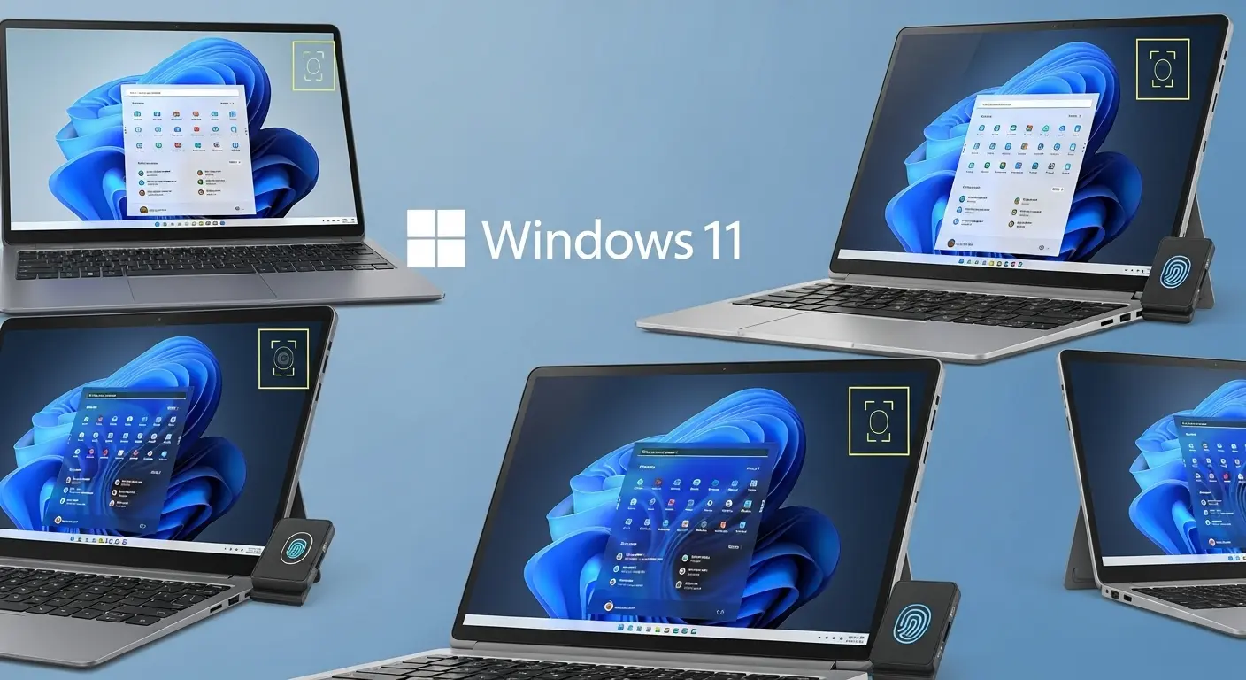 Windows Helloの顔認証カメラや指紋リーダーを搭載した様々なWindows 11デバイスの例。