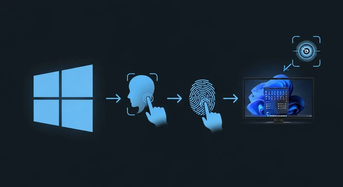 Windows Helloの顔認証、指紋認証、虹彩認証のイメージ。