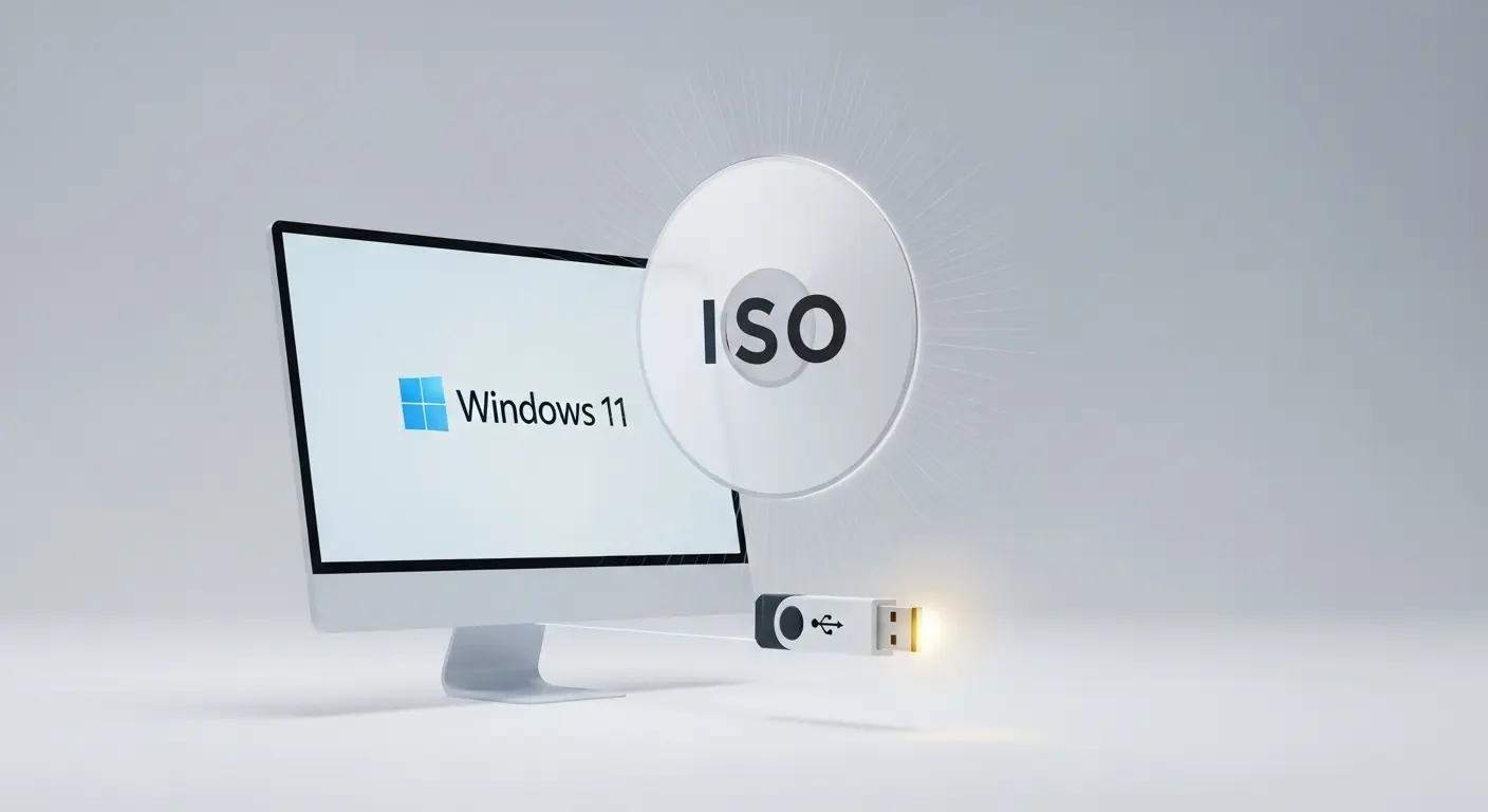 Windows 11 ISOファイルとUSBドライブのイメージ。