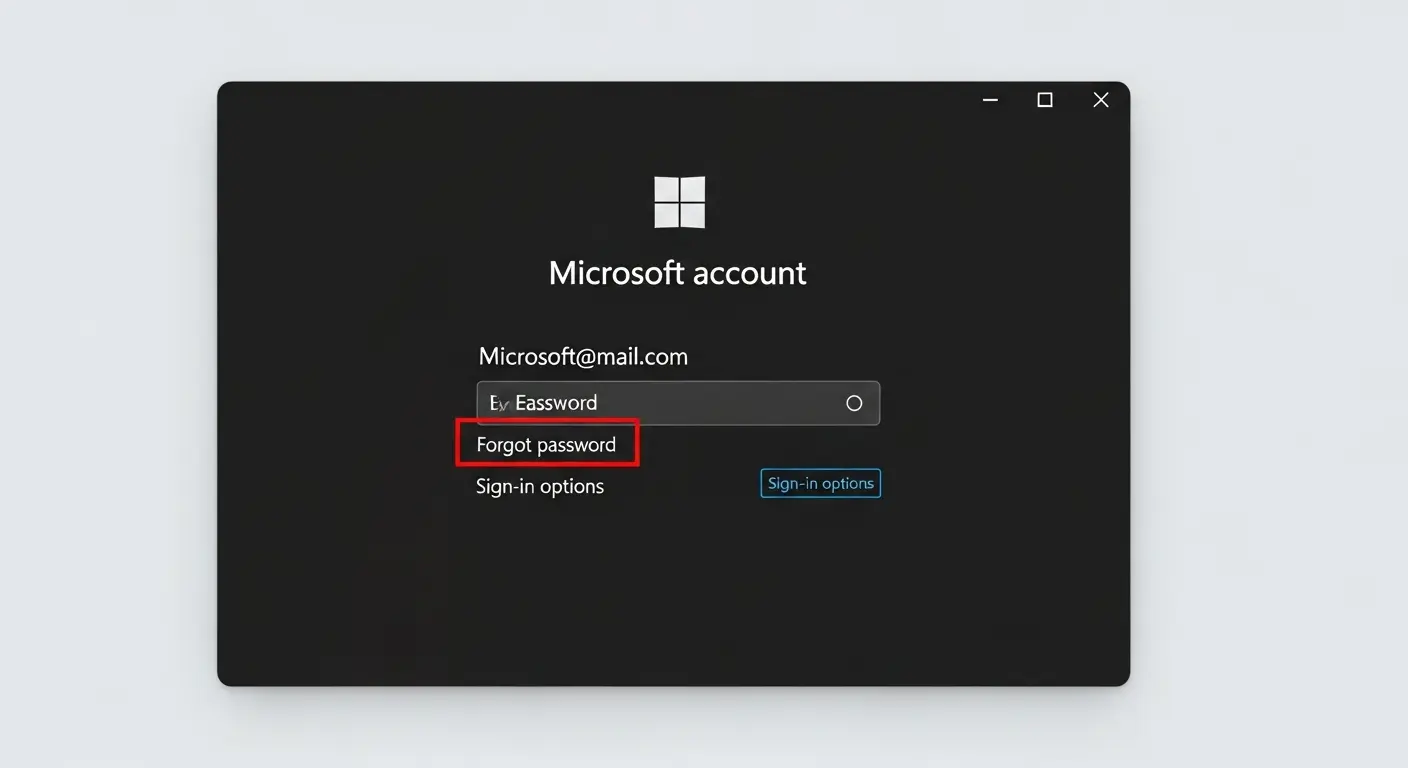 Windows 11のMicrosoftアカウントログイン画面で「パスワードを忘れた場合」リンクが強調された画面。