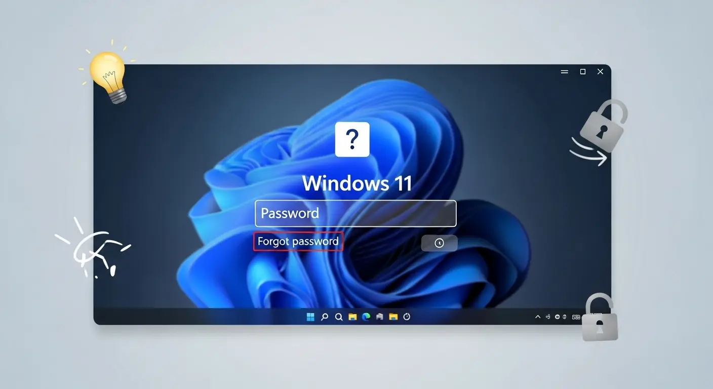 Windows 11でパスワードを忘れてしまった状況と、その解決策を象徴するイメージ。