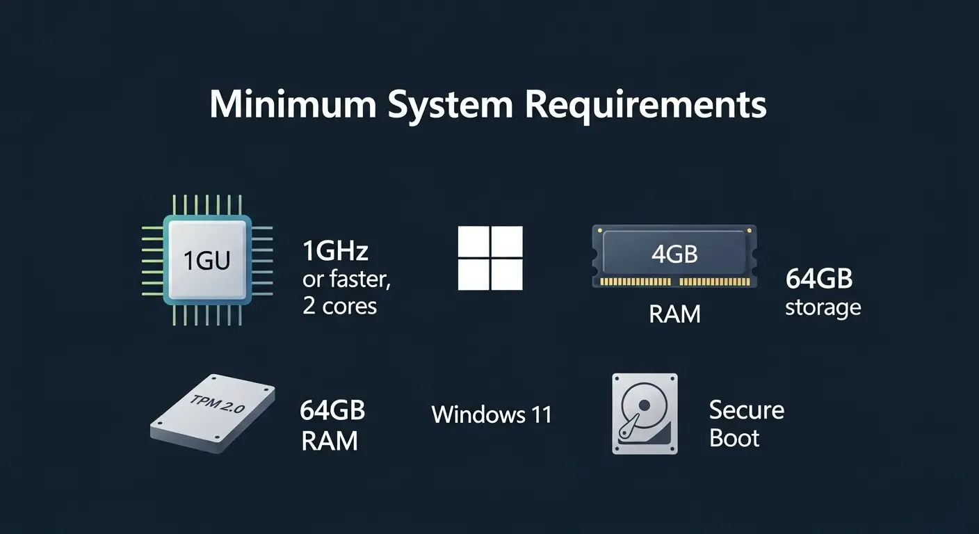 Windows 11の主要なシステム要件(CPU、RAM、ストレージ、TPM 2.0、セキュアブート)をまとめたインフォグラフィック。