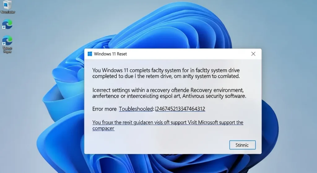 Windows 11初期化失敗時に表示されるエラーメッセージ。(イメージ)