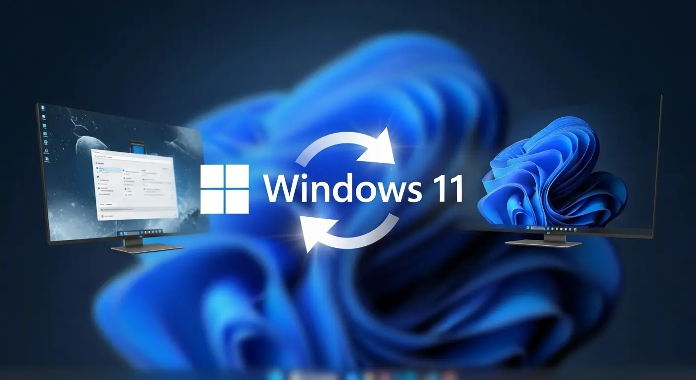 Windows 11の復元機能を象徴するアイコンと、問題解決を表現したパソコン画面のイメージ。