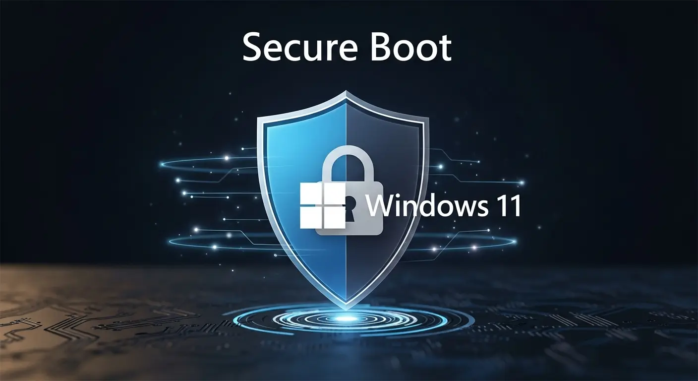 Windows 11ロゴと盾と南京錠のアイコンが重なり、セキュアブートによるシステム保護を象徴するグラフィック。