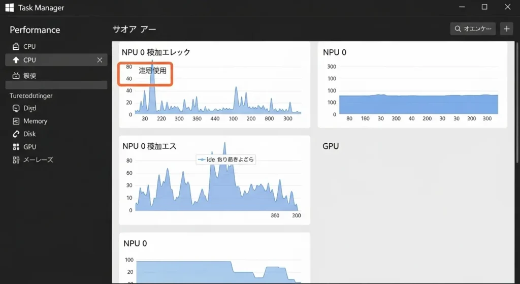 Windows 11タスクマネージャーでのNPU稼働状況確認画面