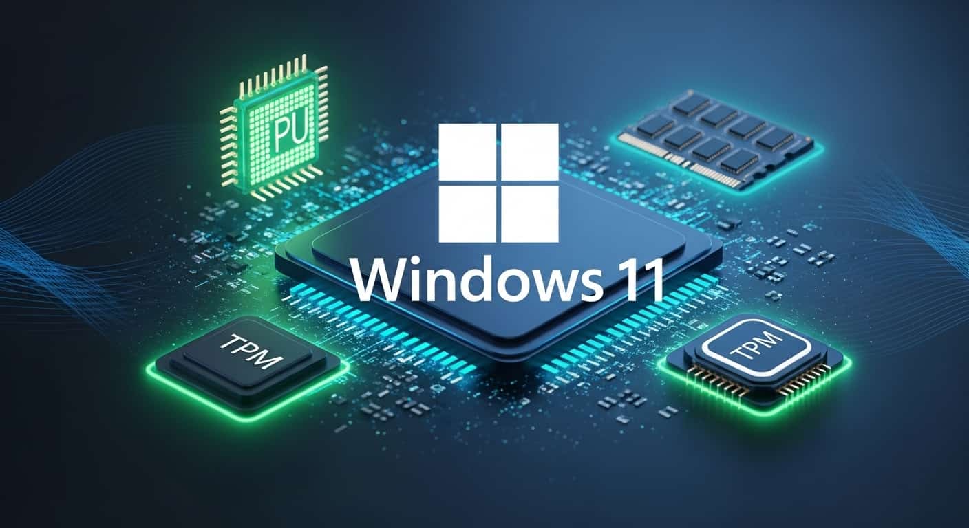 Windows 11のロゴが大きく表示され、その周りにCPU、メモリ、TPMのアイコンが浮かび、アップグレードの技術要件を象徴的に示す。背景はデジタルな流れを表現。