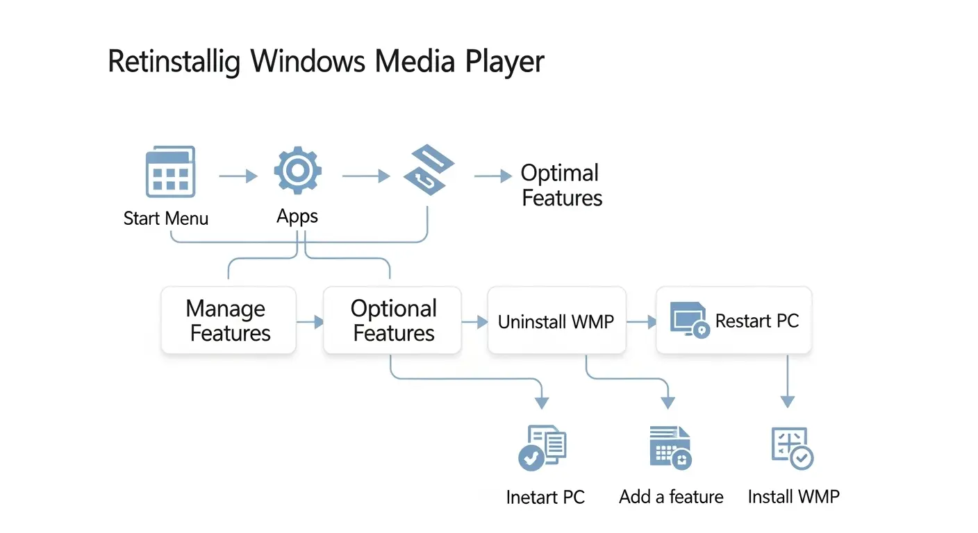 Windows Media Playerの再インストール手順のフローチャート。
