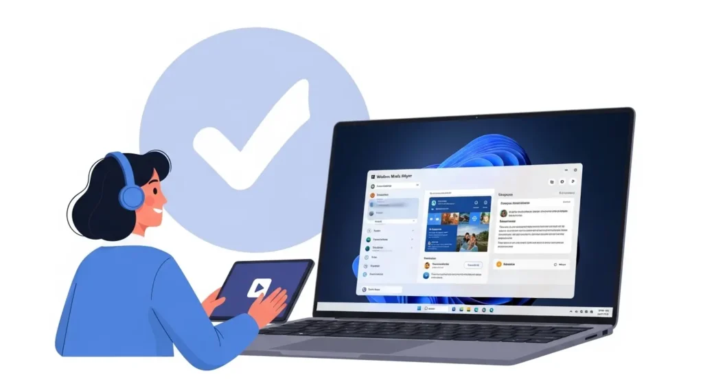 Windows Media Playerの再インストール成功と、問題解決後の喜び。