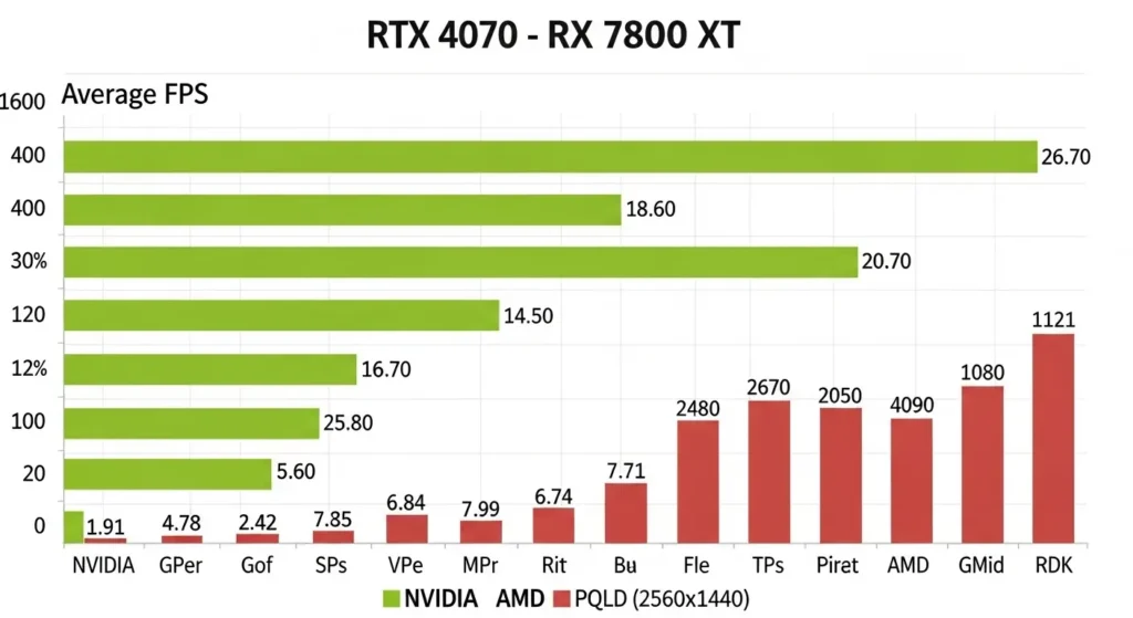 WQHD解像度におけるRTX 4070とRX 7800 XTのゲーム別平均FPS比較グラフ。