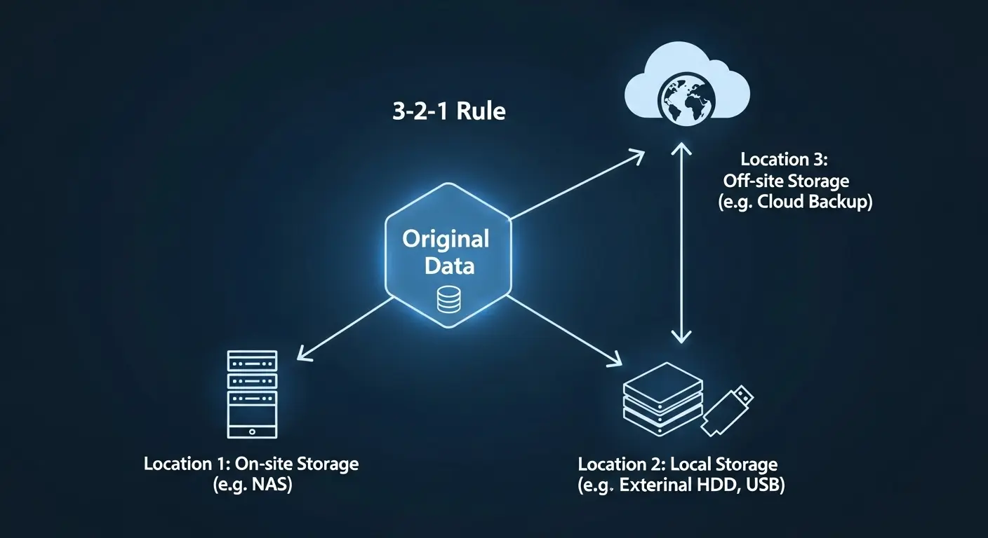バックアップの「3-2-1ルール」の概念図。