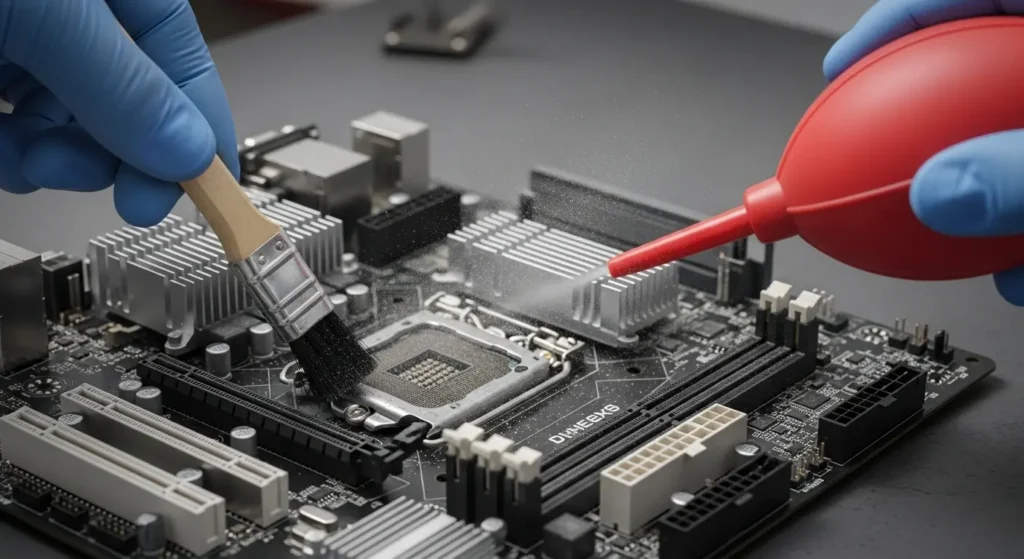 PCパーツを丁寧に清掃している様子。