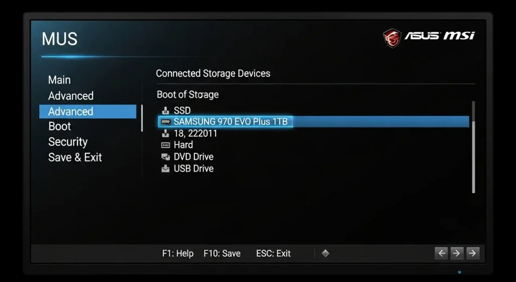 BIOSでのSSD認識確認。