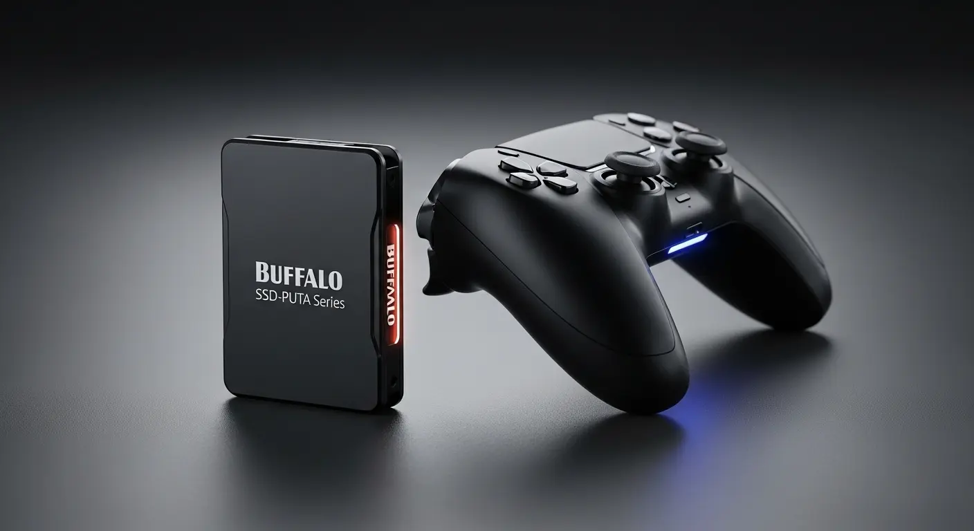 BUFFALO SSD-PUTAシリーズとPS5コントローラーのイメージ画像。