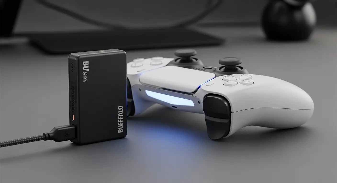 BUFFALO SSD-PUTAシリーズとPS5コントローラーのイメージ画像。