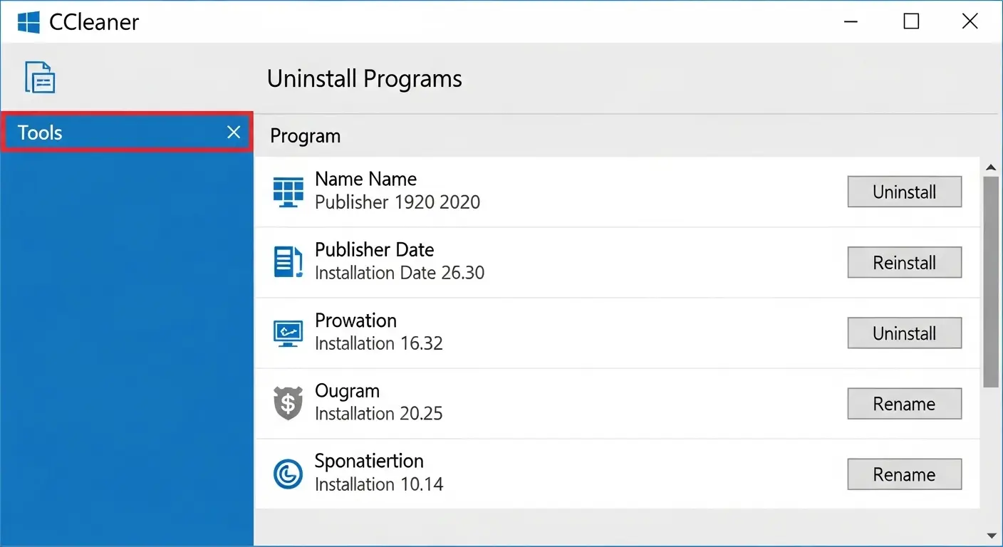 CCleanerのプログラムアンインストール画面。