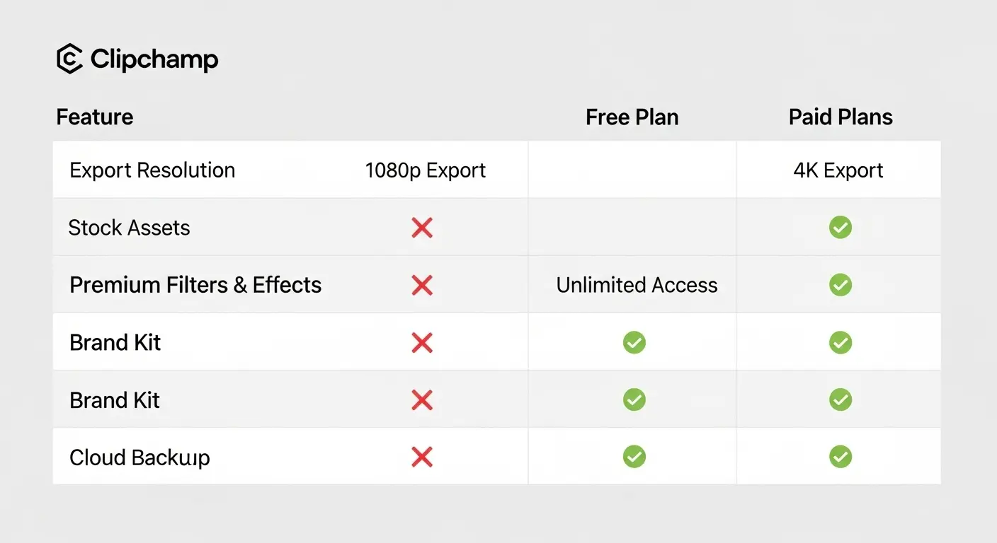 Clipchampの無料版と有料版の機能比較表。