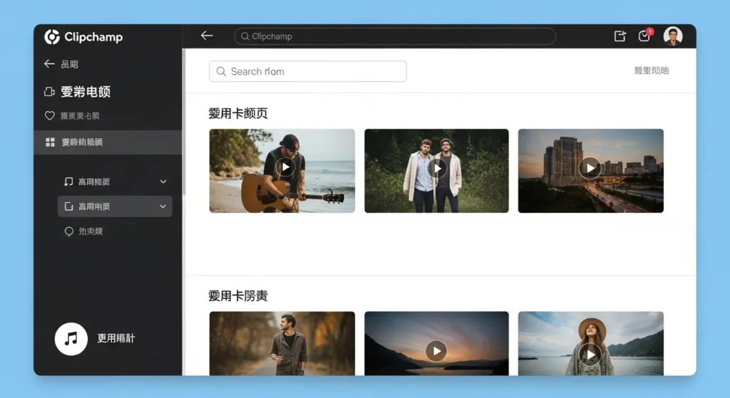 Clipchampで利用できるストック映像、画像、オーディオ。