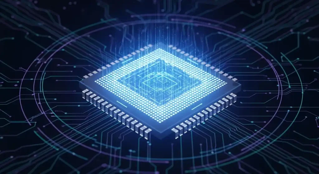 光るコンピューターのCPUチップ