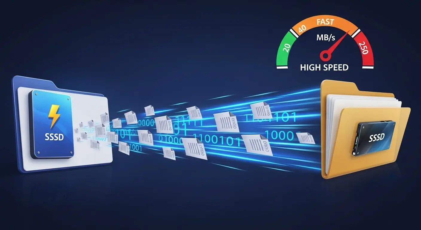 SSDとHDDのデータ転送速度の比較イラスト。