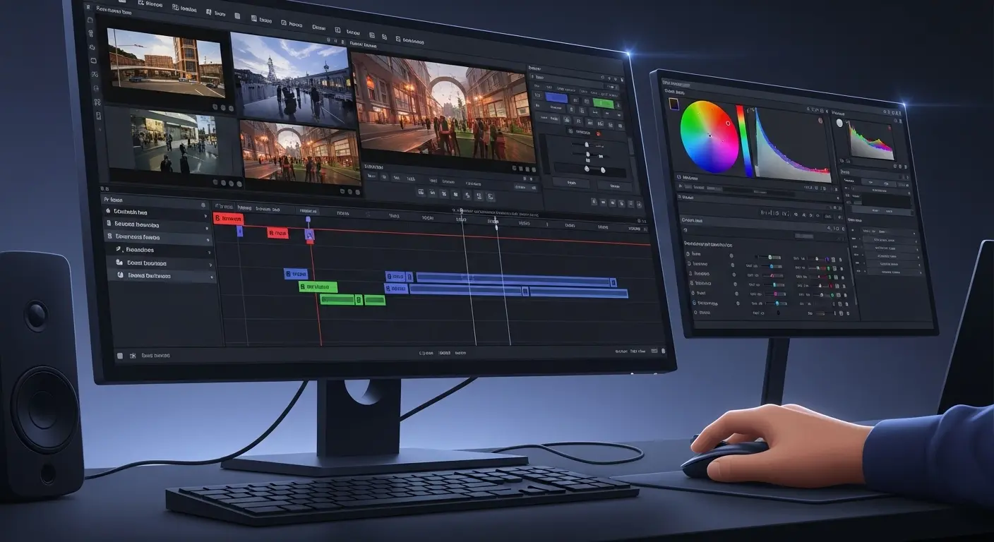 DaVinci Resolveの編集画面と、初心者でも使いこなせるイメージ。