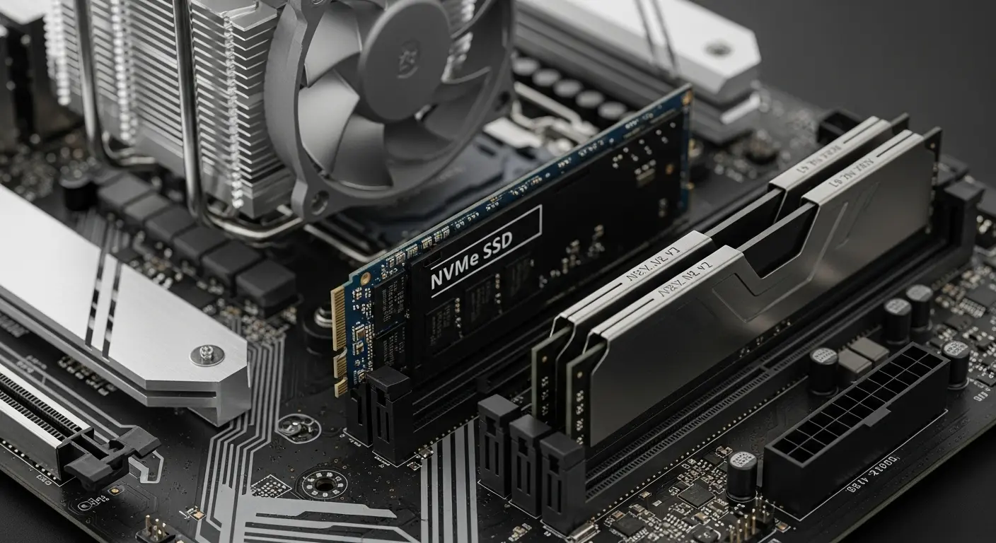デスクトップPCのマザーボードにNVMe SSDを搭載する様子。