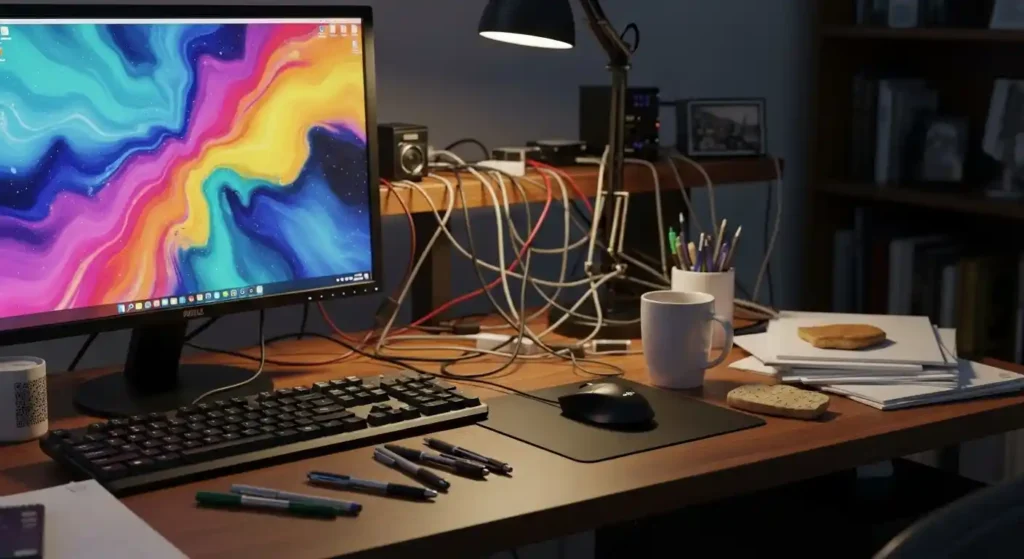 デスクトップパソコンとたくさんの周辺機器