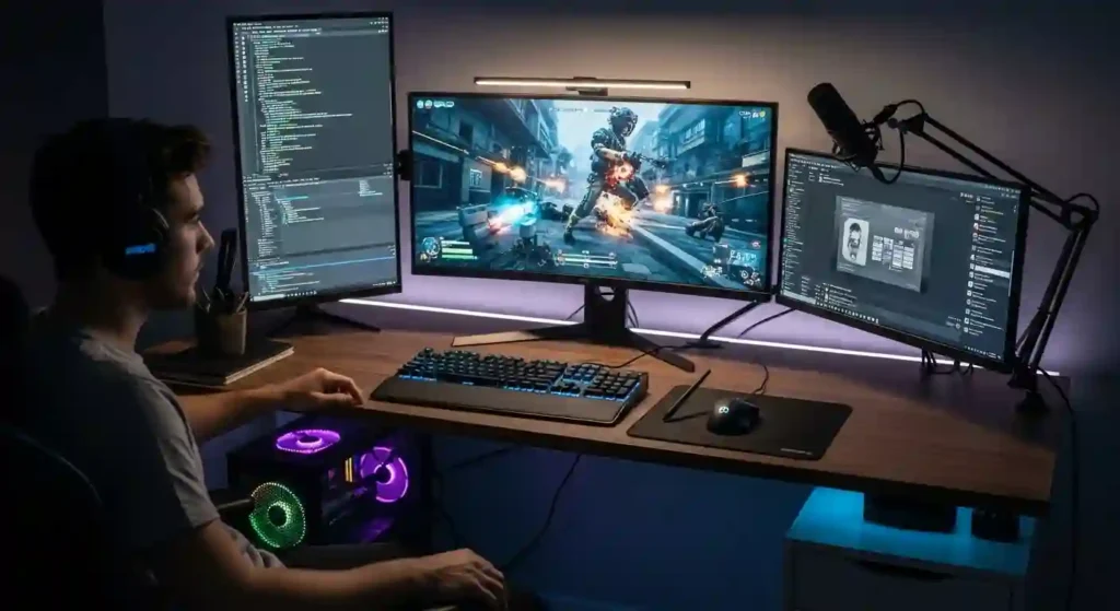 高性能なデスクトップパソコンで作業やゲームを楽しむ人