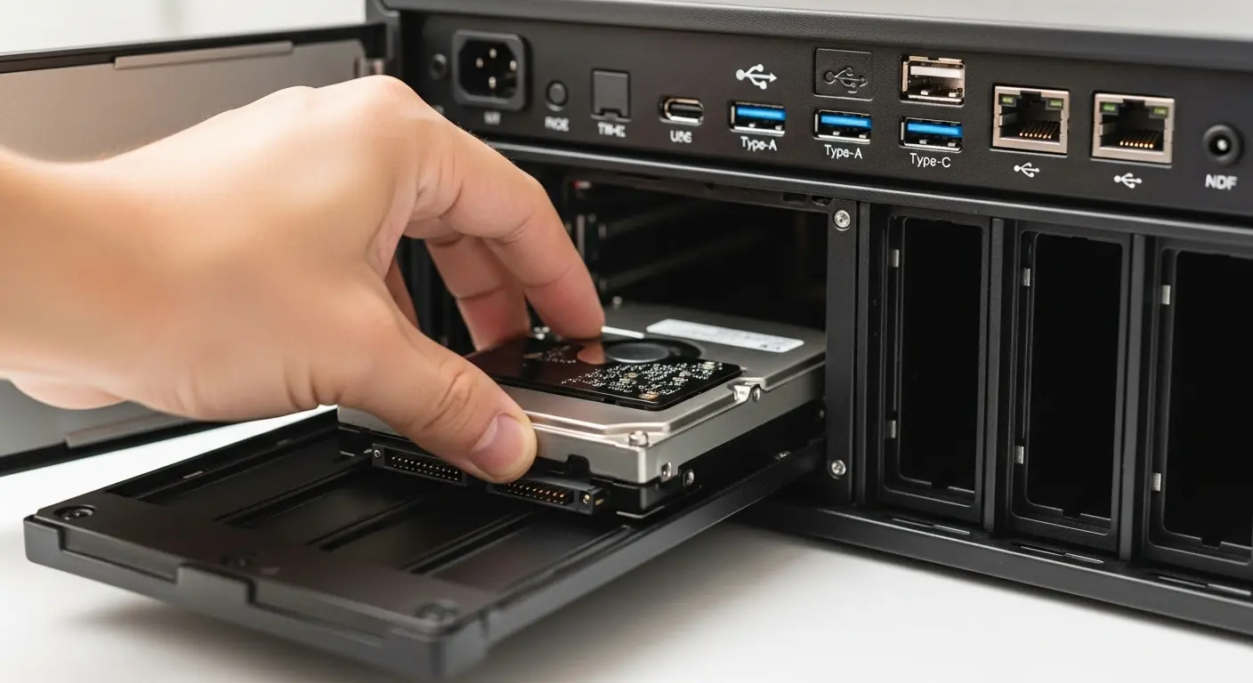 外付けHDDケースにHDDを内蔵する様子。