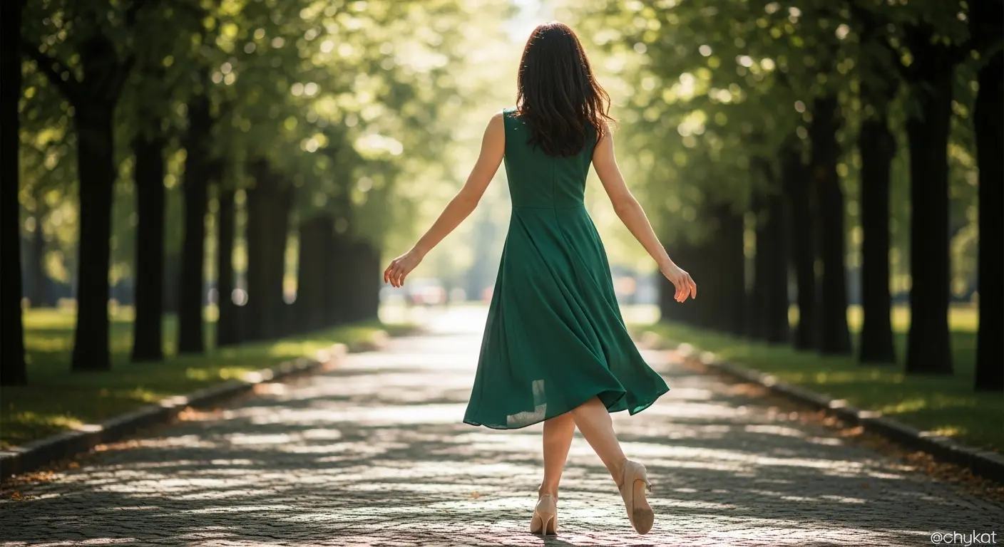優雅に歩く女性の後ろ姿。