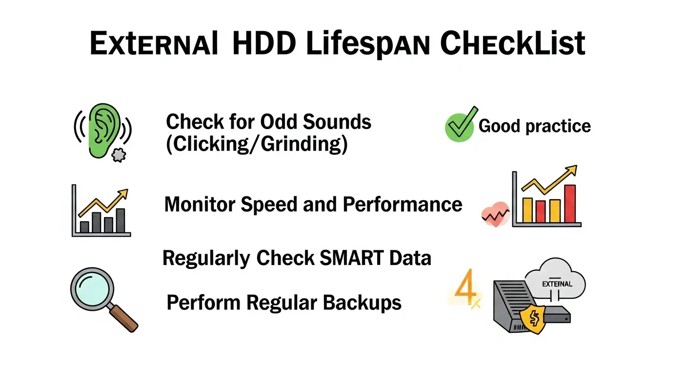 外付けHDDの寿命をチェックするための項目一覧。