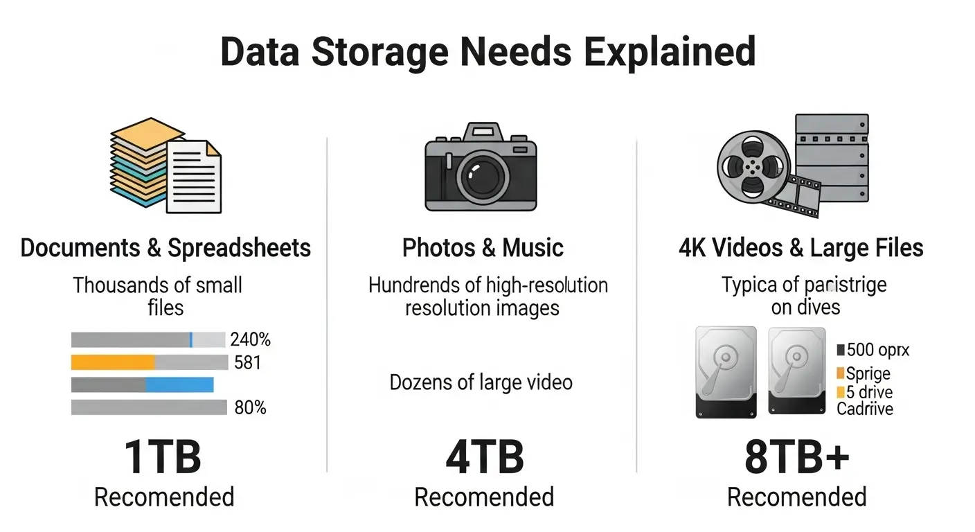 データ種類別の推奨HDD容量。