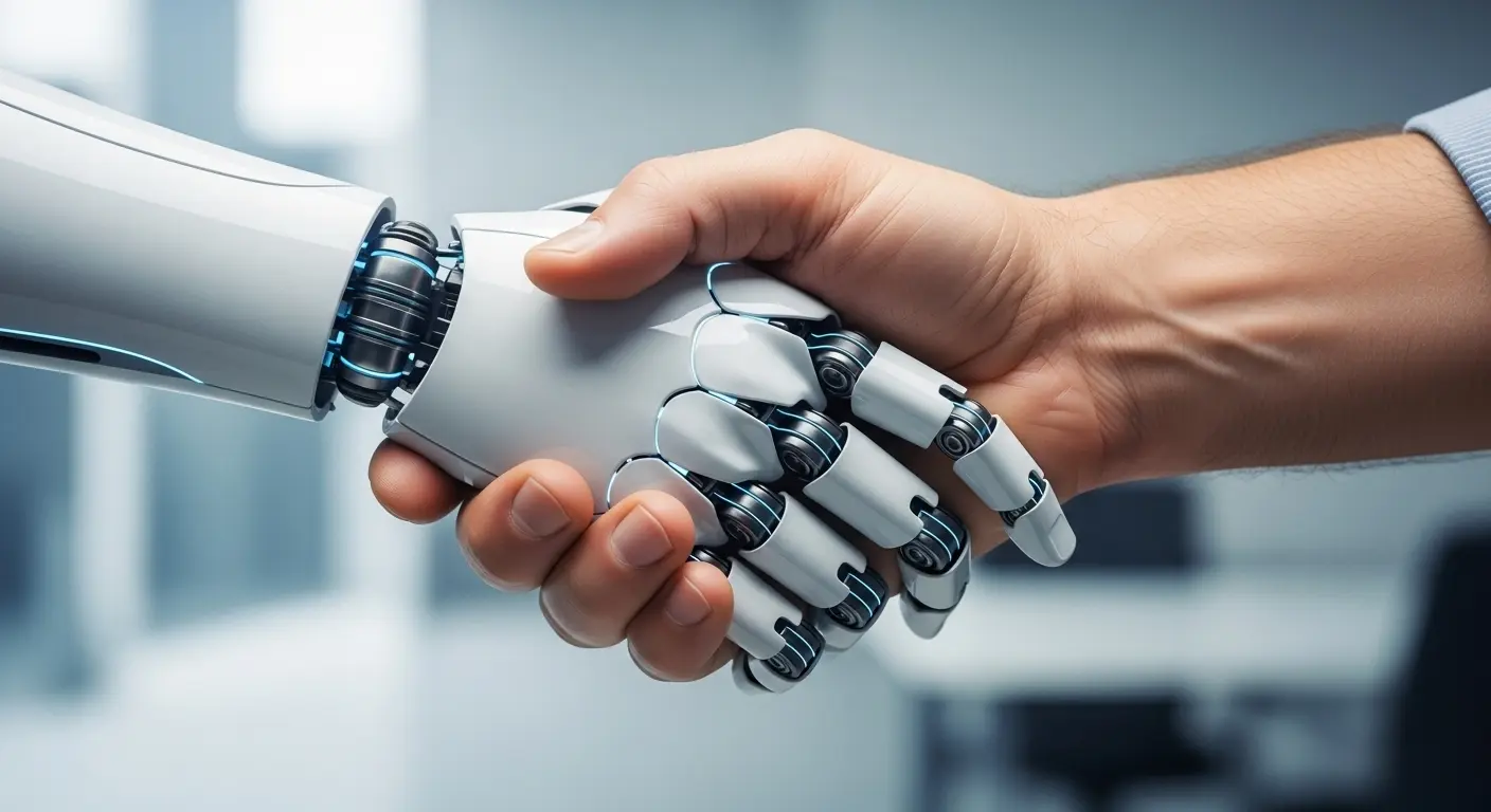 人間とAIの協働を象徴する握手。
