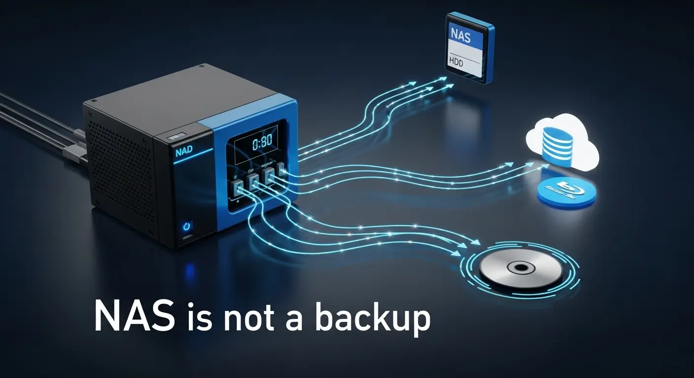 NASからクラウドや外付けHDDにデータをバックアップする様子