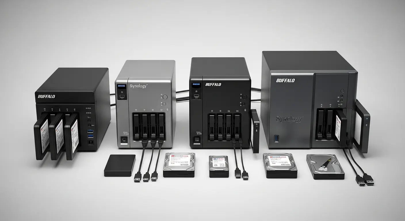NASに外付けHDDを接続して容量を増設する様子。
