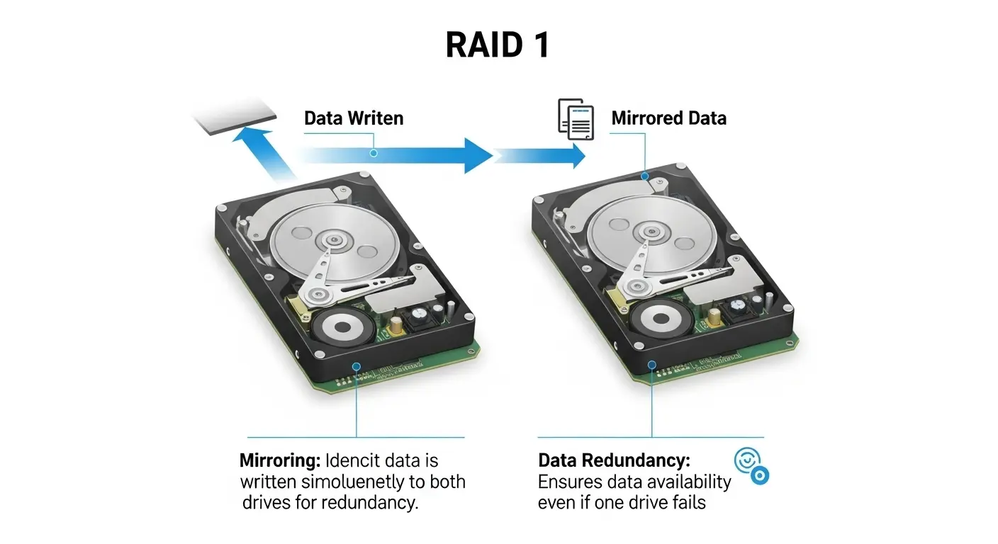 RAID 1（ミラーリング）の仕組みを解説する図。