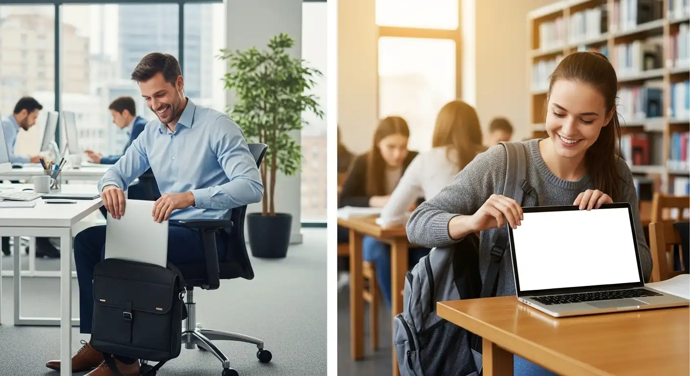 会社員と学生がノートPCを持ち運ぶ様子