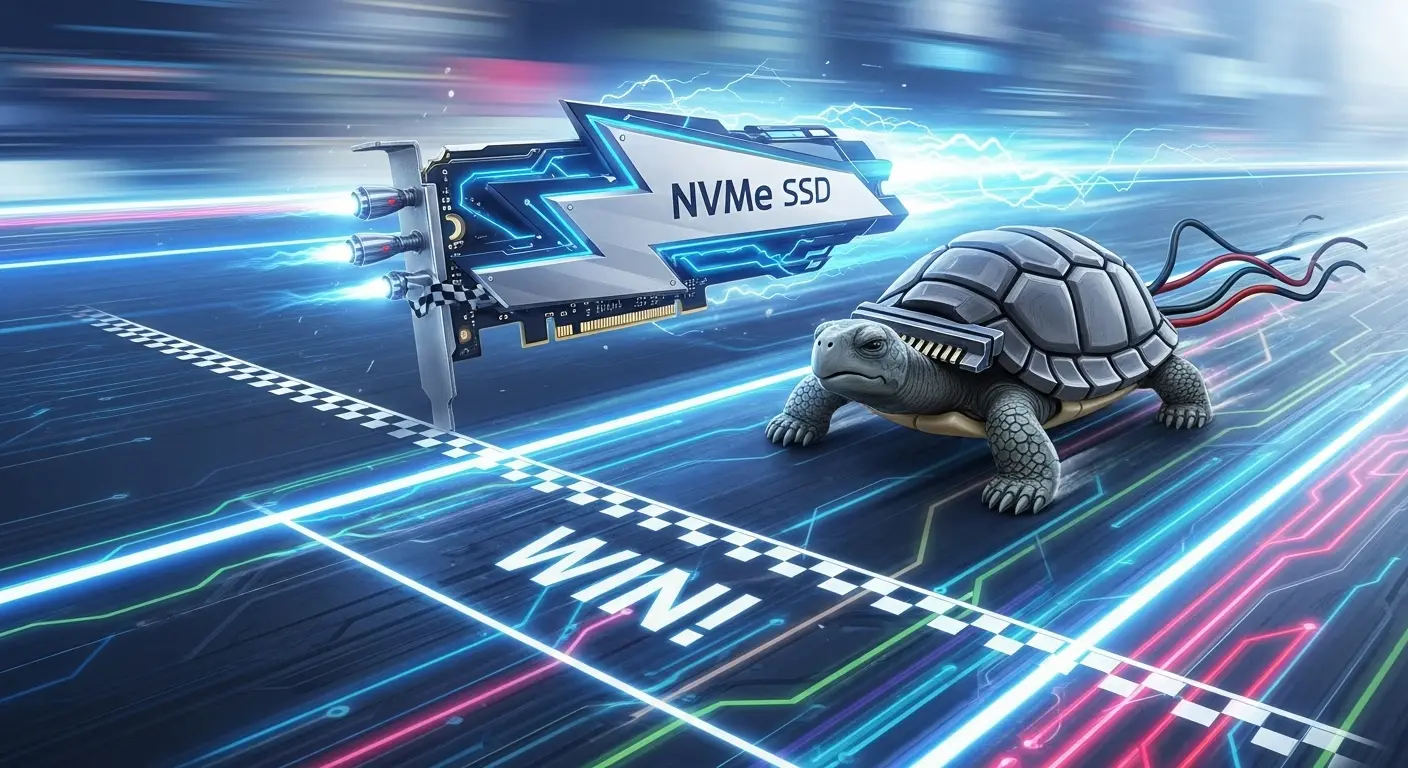 NVMe SSDとSATA SSDの速度比較イラスト。