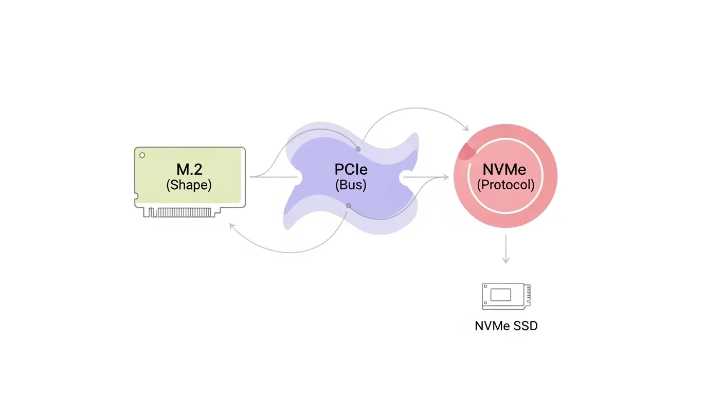 NVMe、M.2、PCIeの関係性を示す図。