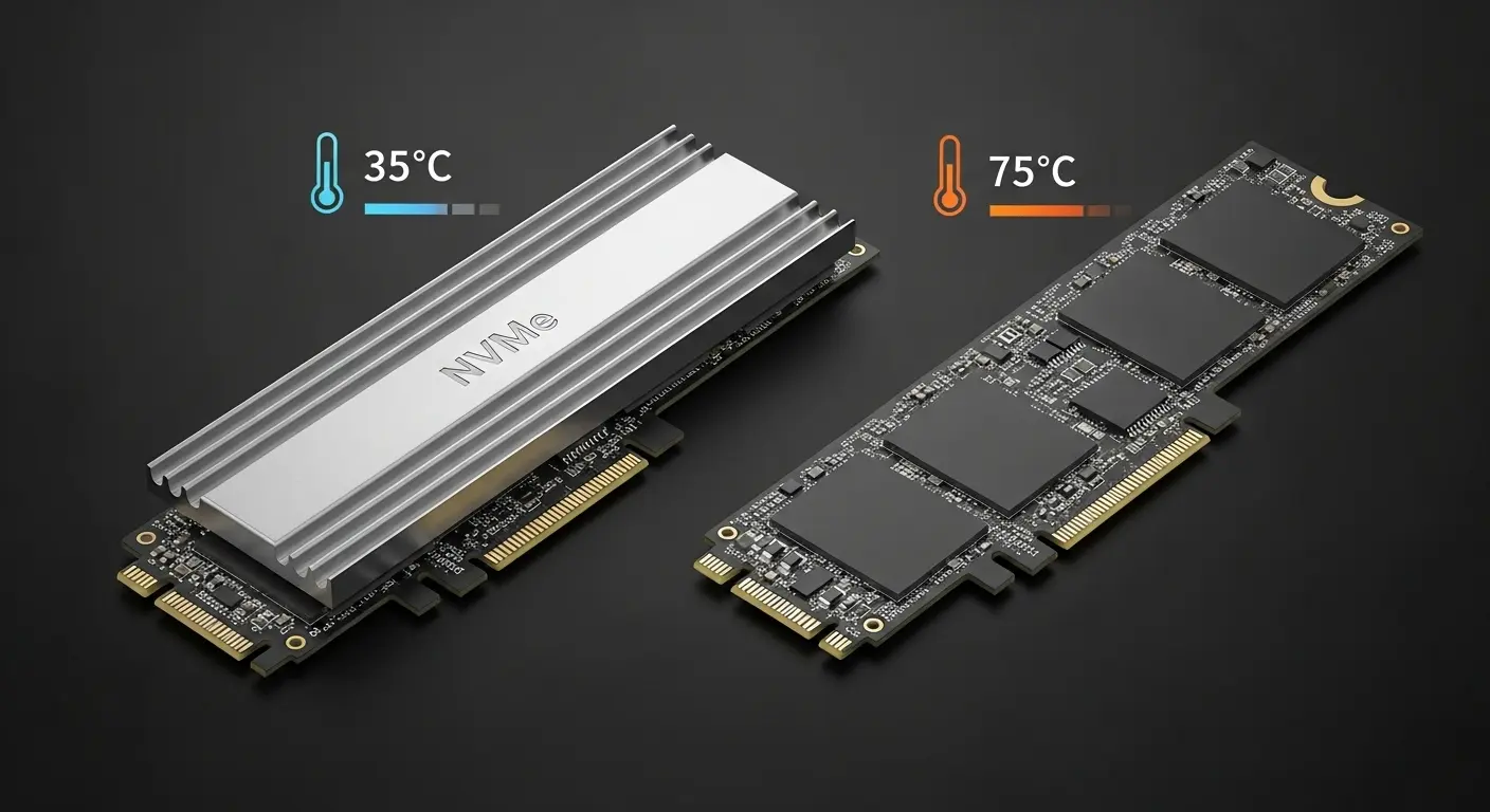 NVMe SSDとヒートシンク。