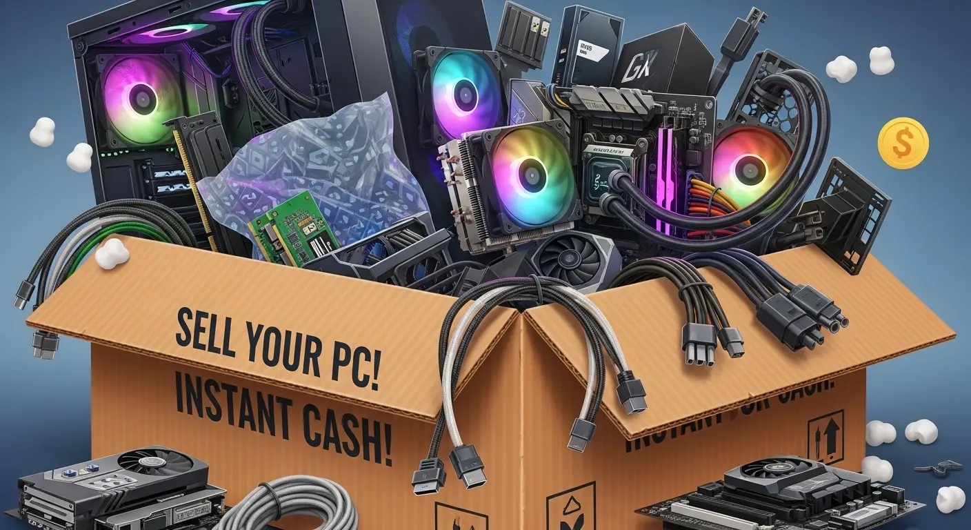 PCパーツをまとめて梱包している様子。