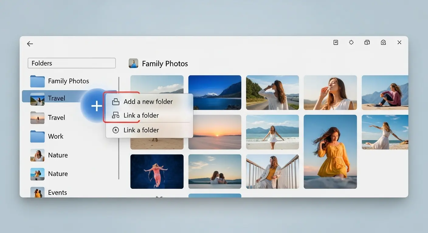 Windows 11フォトアプリにフォルダーを追加して管理する様子。
