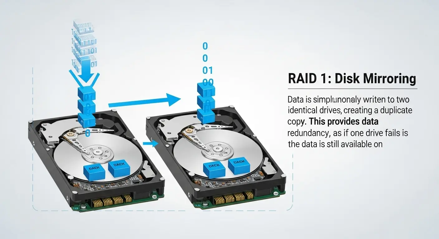 RAID 1（ミラーリング）の仕組み図。