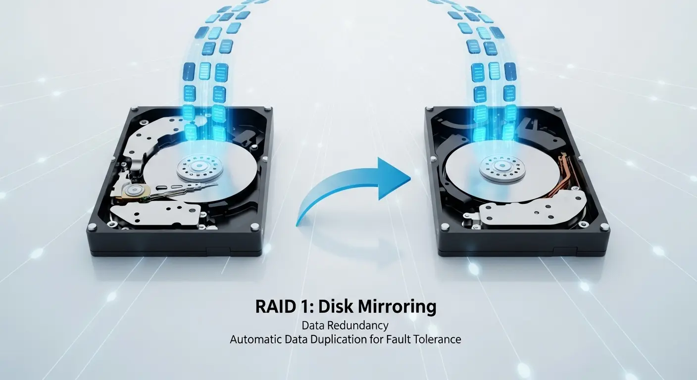 RAID 1（ミラーリング）の仕組みを解説する図。